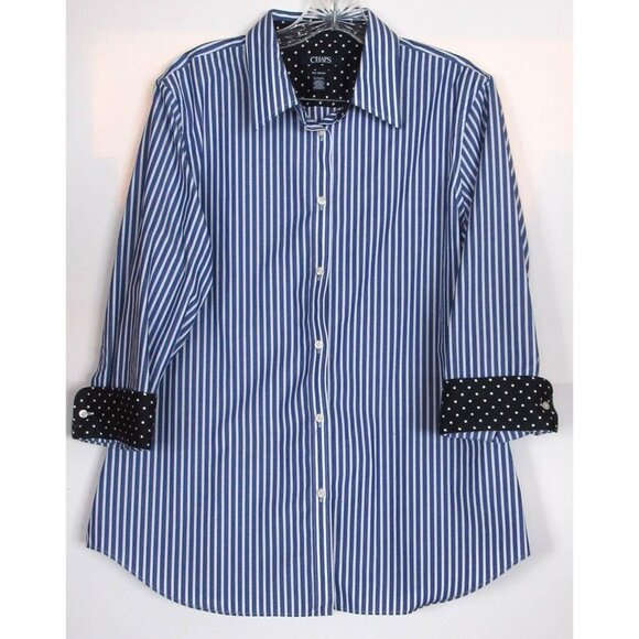 CHAPS Women Shirt Striped Blue/White Cotton Button-Down Casual No Iron - Picture 3 of 12